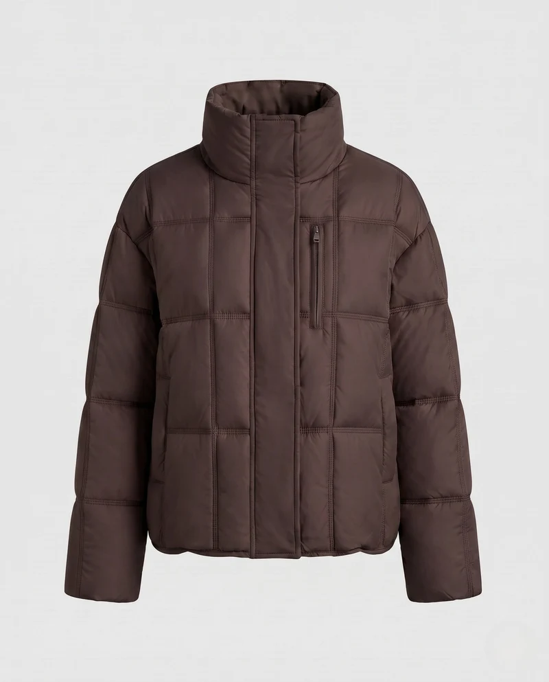 Damen kurze gepolsterte boxy gesteppte Jacke mit hohem Stehkragen, verdecktem Zwei-Wege-Reißverschluss und praktischen Seiten Taschen