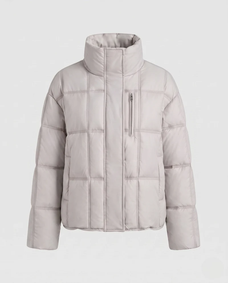 Damen kurze gepolsterte boxy gesteppte Jacke mit hohem Stehkragen, verdecktem Zwei-Wege-Reißverschluss und praktischen Seiten Taschen
