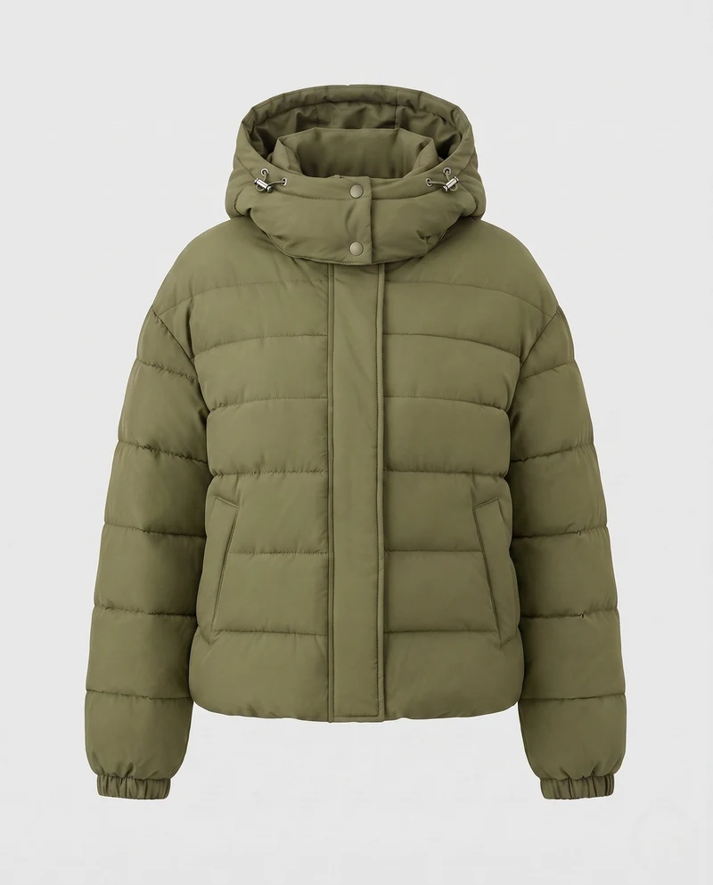 Damen kurze gepolsterte gesteppte Jacke mit hohem Stehkragen und winddichter Außenschale