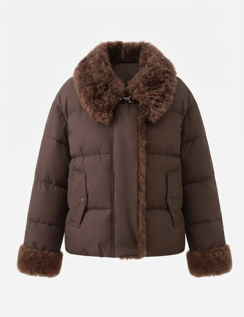 Damen kurze gesteppte Jacke mit voluminösem Kunstfellkragen, Teddybesatz an den Ärmeln und verdeckter Knopfleiste