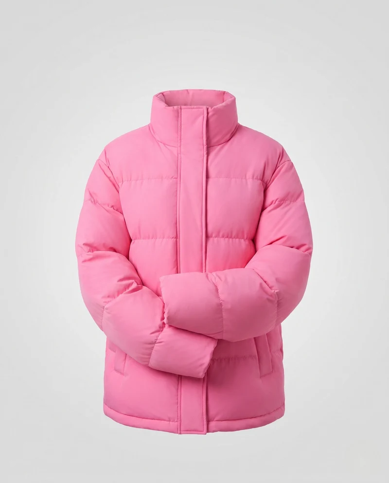 Damen kurze gepolsterte Kapuzenjacke mit abnehmbarem Kapuzenbesatz, hohem Stehkragen und tailliertem Schnitt