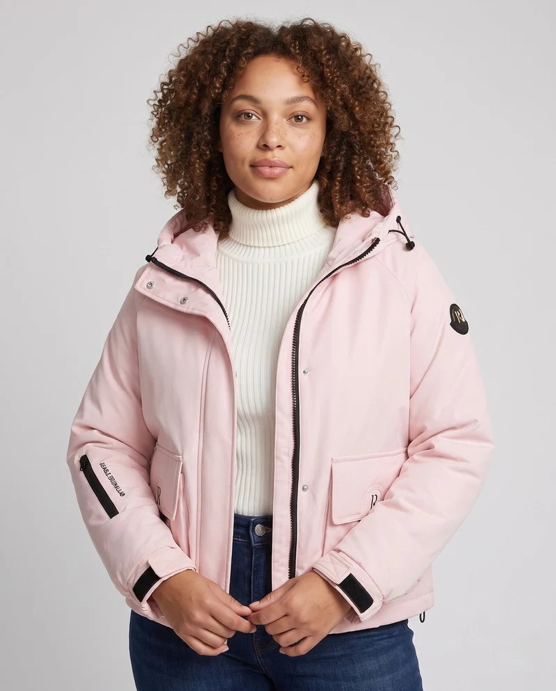 Damen kurze gepolsterte Kapuzenjacke mit funktionalen Klappen- und Reißverschlusstaschen sowie verstellbarem Saum