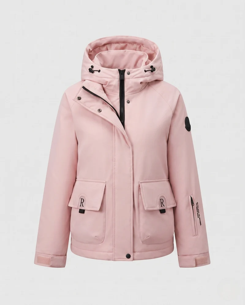 Damen kurze gepolsterte Kapuzenjacke mit funktionalen Klappen- und Reißverschlusstaschen sowie verstellbarem Saum