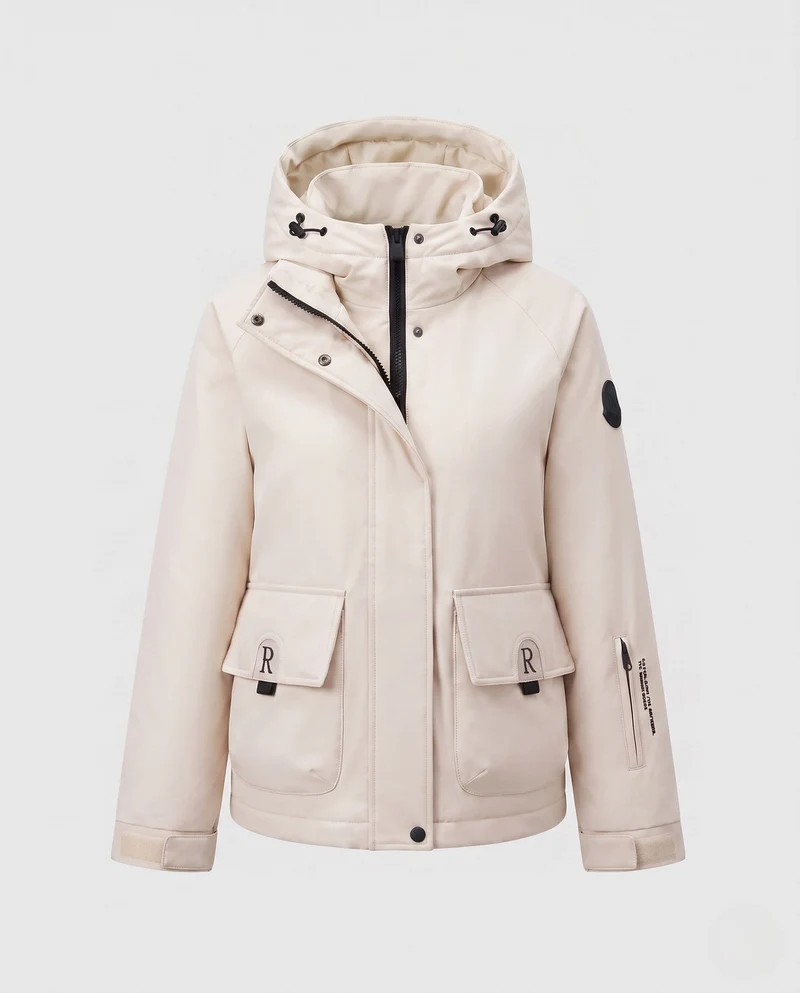 Damen kurze gepolsterte Kapuzenjacke mit funktionalen Klappen- und Reißverschlusstaschen sowie verstellbarem Saum