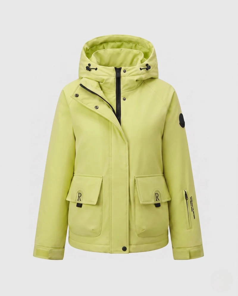 Damen kurze gepolsterte Kapuzenjacke mit funktionalen Klappen- und Reißverschlusstaschen sowie verstellbarem Saum
