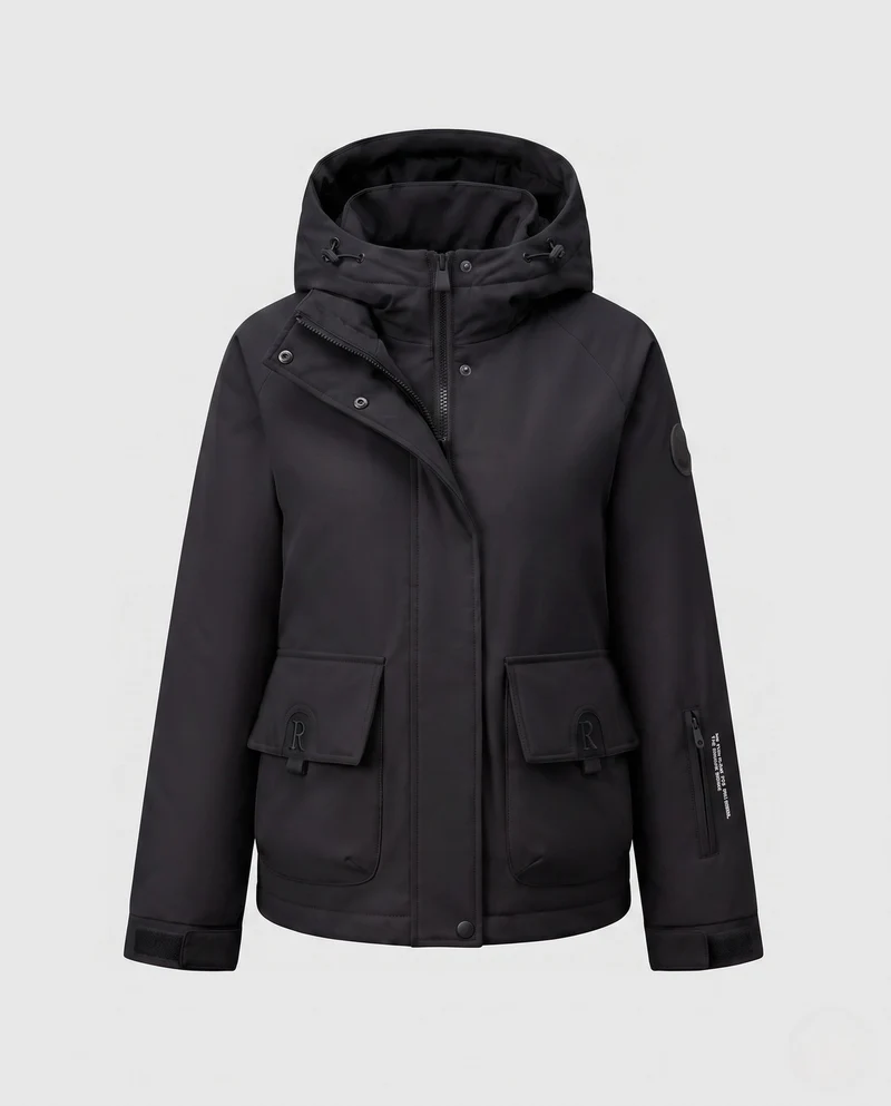 Damen kurze gepolsterte Kapuzenjacke mit funktionalen Klappen- und Reißverschlusstaschen sowie verstellbarem Saum