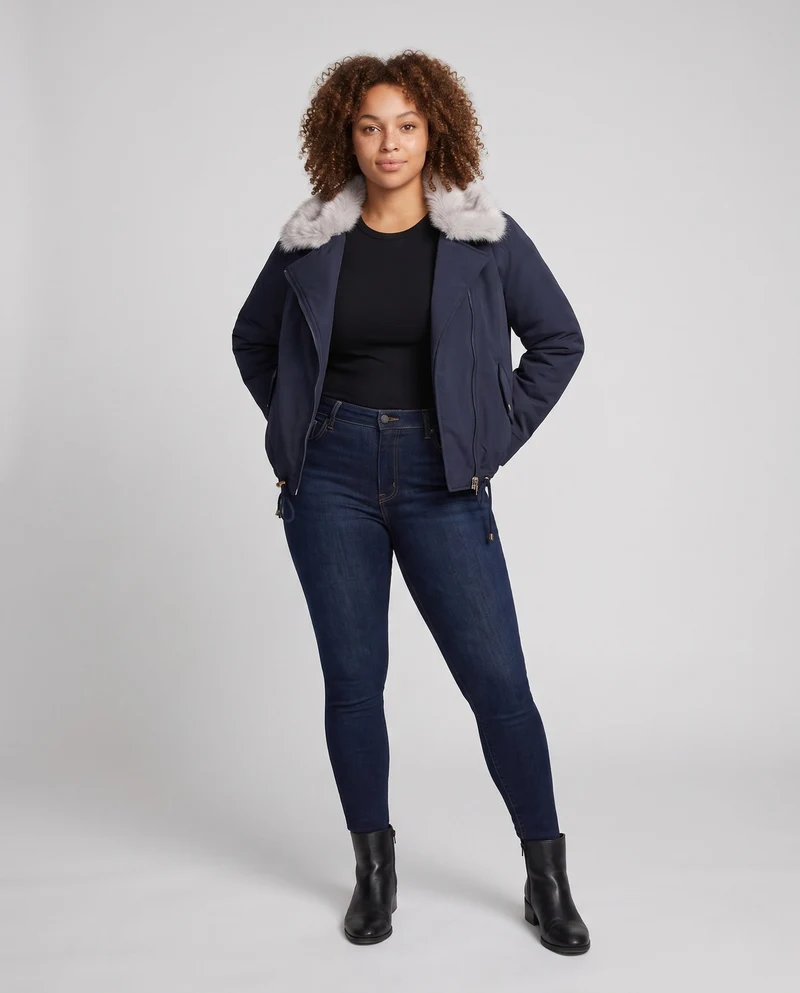 Damen Nano kurze gepolsterte Parkajacke mit voluminösem Kunstpelzkragen und verstellbarem Kordelzugbund