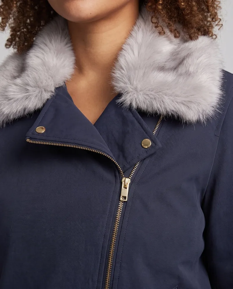 Damen Nano kurze gepolsterte Parkajacke mit voluminösem Kunstpelzkragen und verstellbarem Kordelzugbund