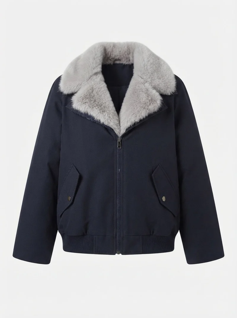 Damen Nano kurze gepolsterte Parkajacke mit voluminösem Kunstpelzkragen und verstellbarem Kordelzugbund