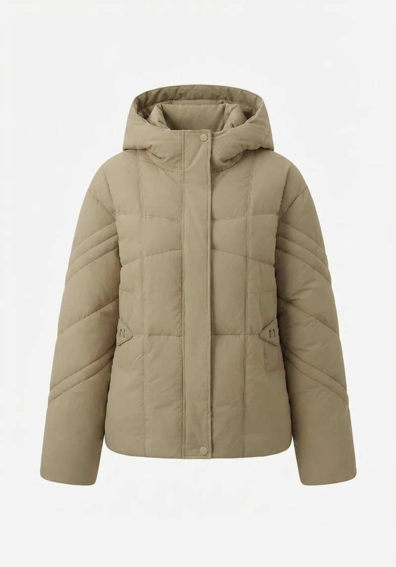 Damen kurze gep padded Steppjacke mit quadratischer Steppung, hohem Stehkragen, Kapuze und Daumenlochärmeln