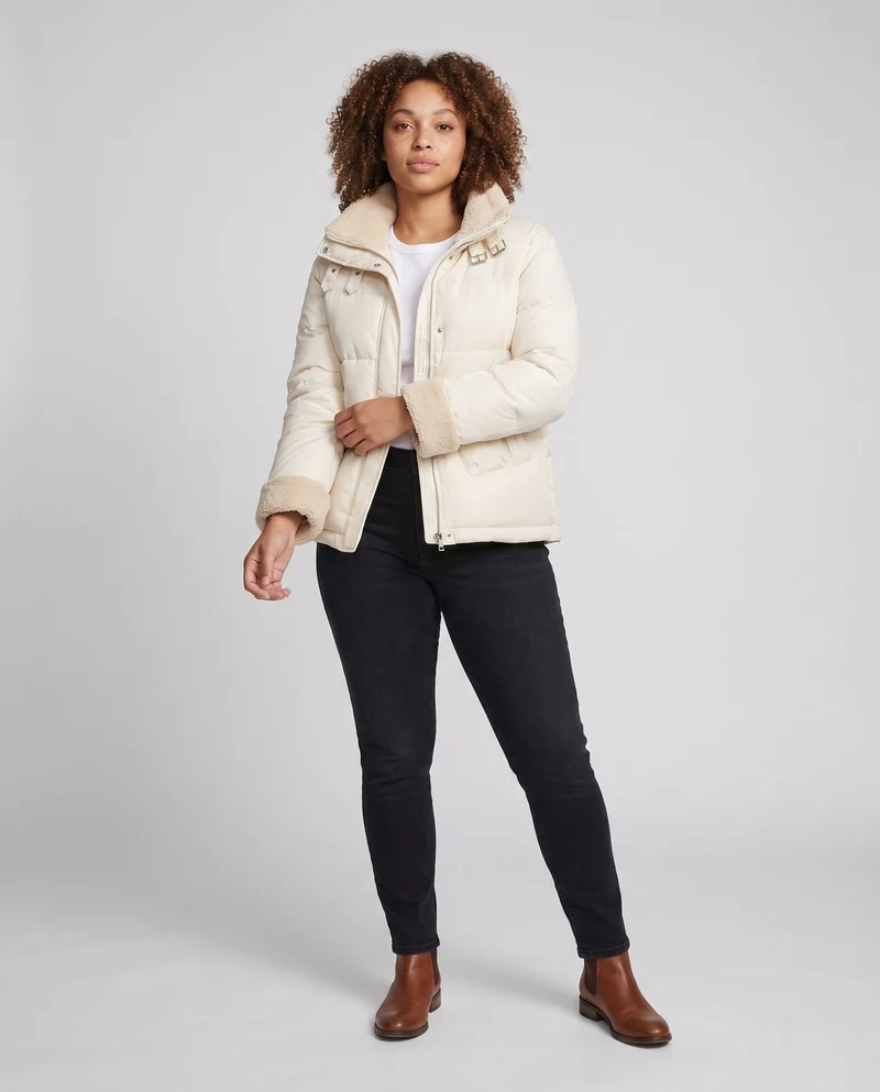 Damen kurze gepolsterte Steppjacke mit Teddykragen, umschlagbaren Ärmeln und Cargo-Taschen