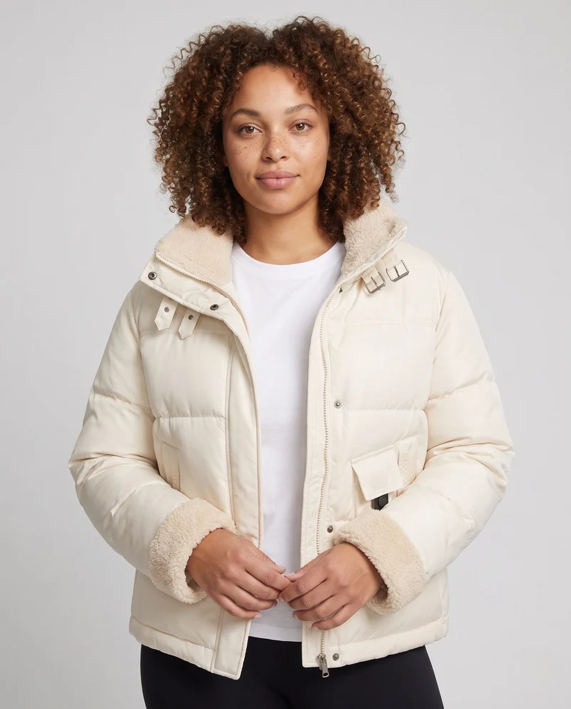 Damen kurze gepolsterte Steppjacke mit Teddykragen, umschlagbaren Ärmeln und Cargo-Taschen