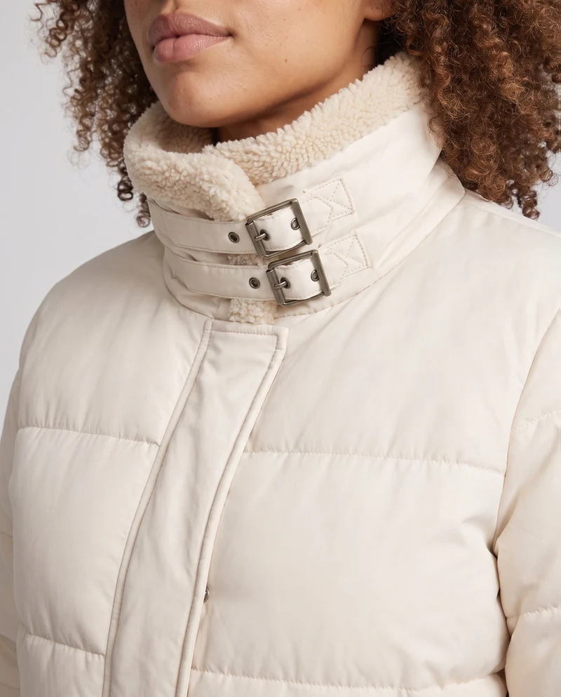 Damen kurze gepolsterte Steppjacke mit Teddykragen, umschlagbaren Ärmeln und Cargo-Taschen