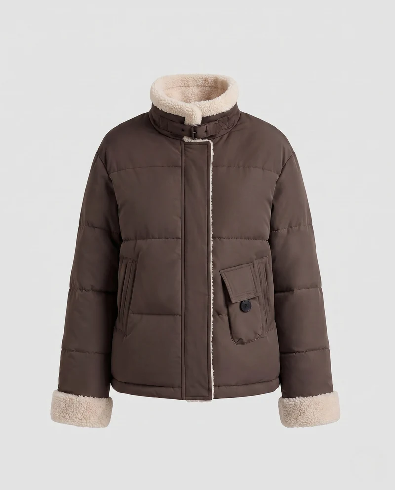 Damen kurze gepolsterte Steppjacke mit Teddykragen, umschlagbaren Ärmeln und Cargo-Taschen