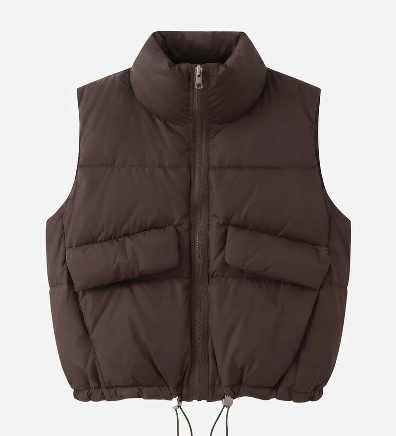 Damen kurze gep padded Steppweste mit hohem Stehkragen, zwei aufgesetzten Klappentaschen und verstellbarem Kordelzugsaum