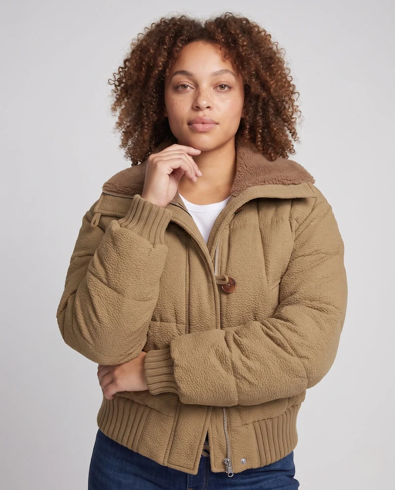 Damen kurze gepolsterte Teddy gesteppte Jacke mit überlappendem Stehkragen, geripptem Saum und aufgesetzter Klappentasche