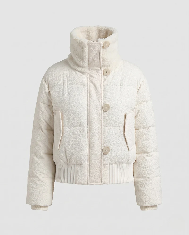 Damen kurze gepolsterte Teddy gesteppte Jacke mit überlappendem Stehkragen, geripptem Saum und aufgesetzter Klappentasche