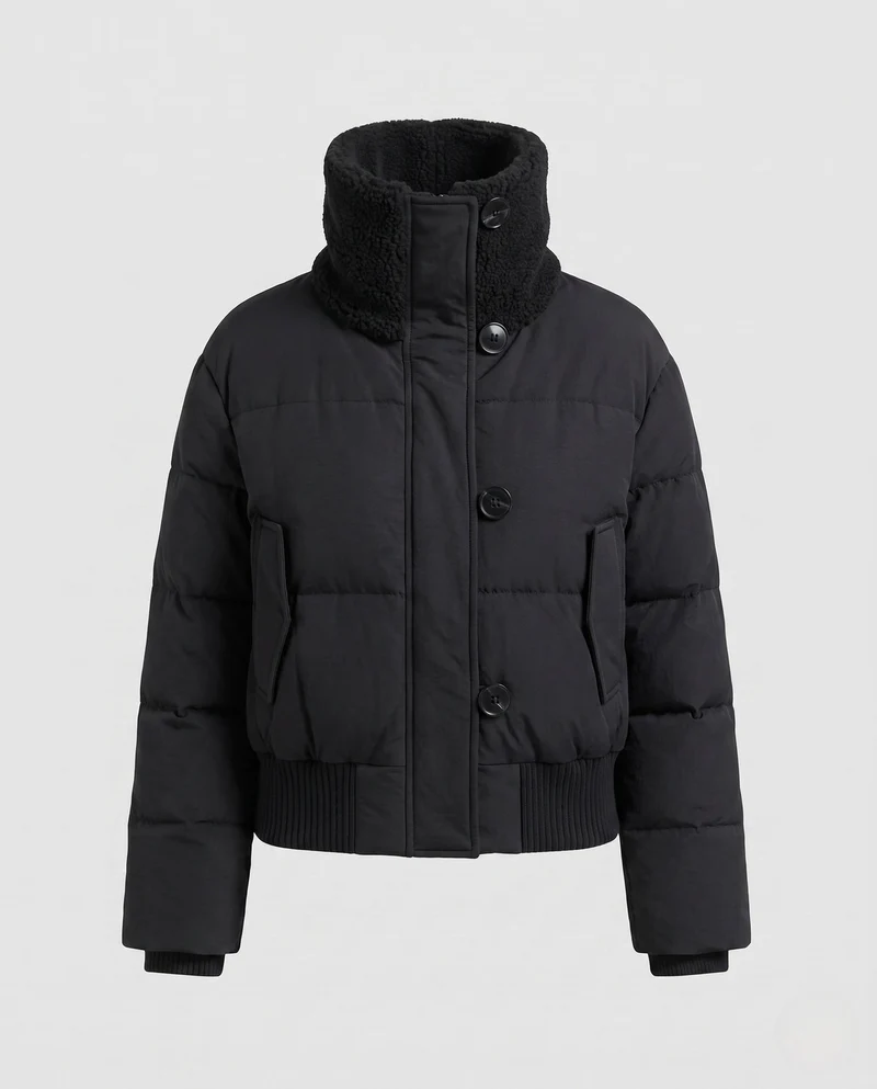 Damen kurze gepolsterte Teddy gesteppte Jacke mit überlappendem Stehkragen, geripptem Saum und aufgesetzter Klappentasche