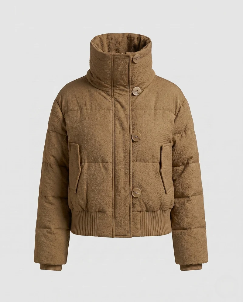 Damen kurze gepolsterte Teddy gesteppte Jacke mit überlappendem Stehkragen, geripptem Saum und aufgesetzter Klappentasche