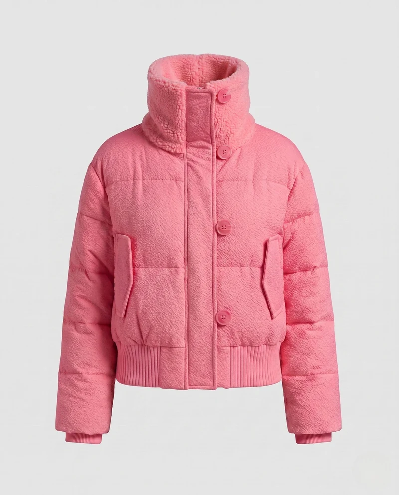 Damen kurze gepolsterte Teddy gesteppte Jacke mit überlappendem Stehkragen, geripptem Saum und aufgesetzter Klappentasche