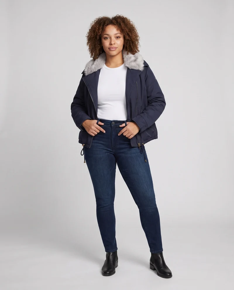 Damen kurze gepolsterte Winterjacke mit voluminösem Kunstfellkragen und winddichter Außenschale