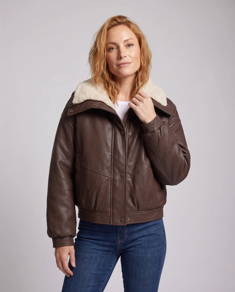 Damen kurze Bomberjacke mit Teddykragen und wärmendem thermischem Futter
