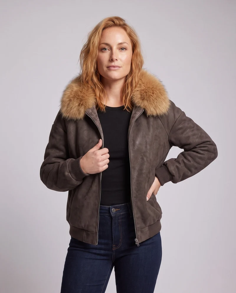 Damen kurze Bomberjacke mit voluminösem Kunstfellkragen und weicher Samtfutter