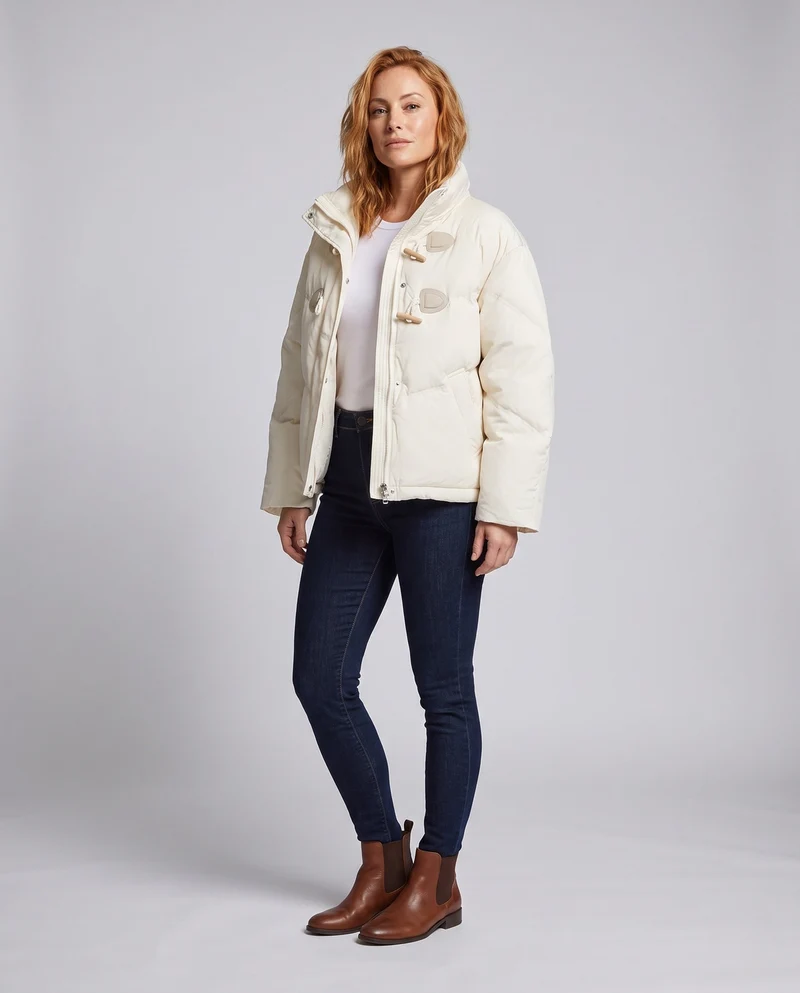 Damen kurze boxy Dufflejacke mit dekorativen Toggle-Verschlüssen, winddichtem Frontflap und verstellbaren Ärmelriegeln.