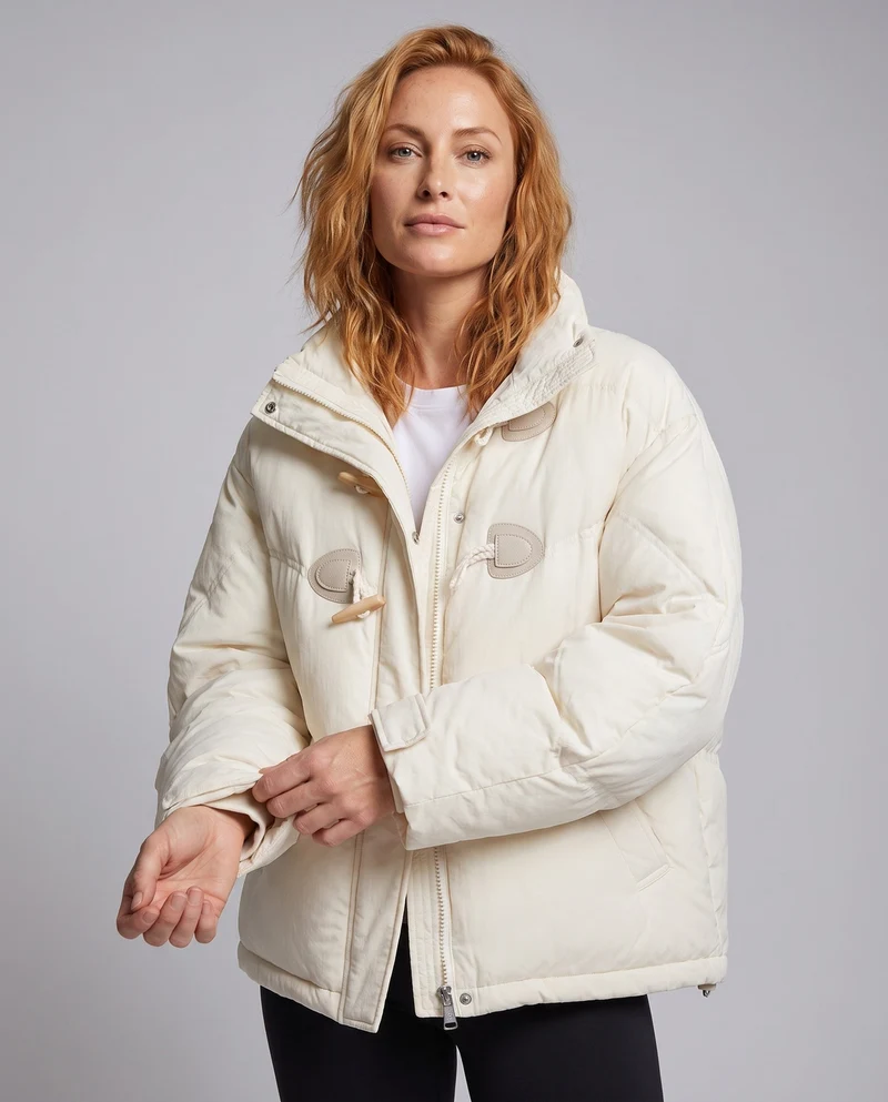Damen kurze boxy Dufflejacke mit dekorativen Toggle-Verschlüssen, winddichtem Frontflap und verstellbaren Ärmelriegeln.