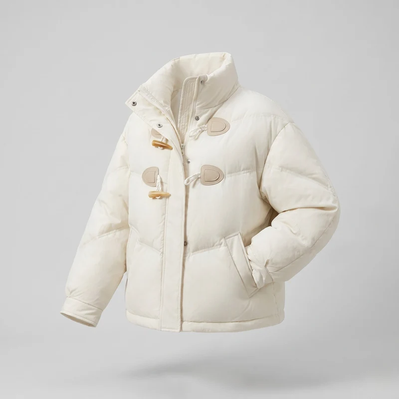 Damen kurze boxy Dufflejacke mit dekorativen Toggle-Verschlüssen, winddichtem Frontflap und verstellbaren Ärmelriegeln.