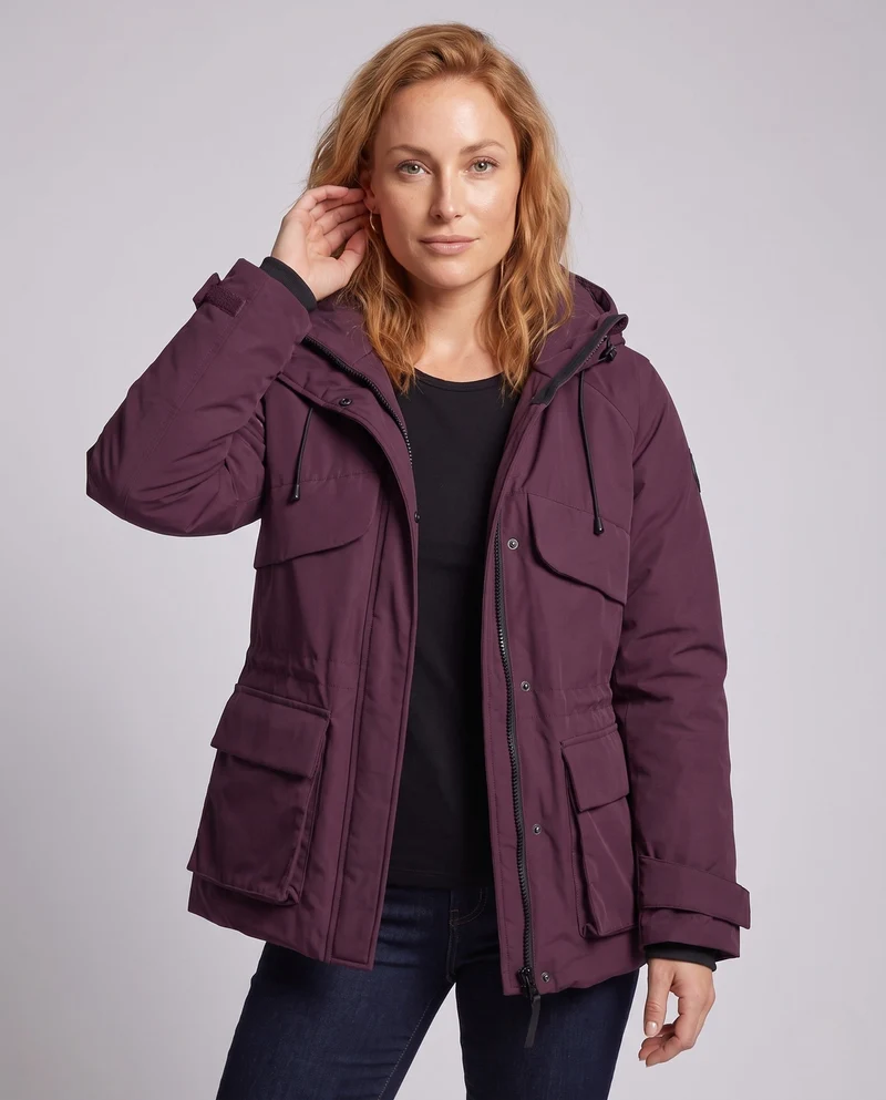 Damen Nan kurze boxy Parka mit multifunktionalen Pattentaschen, verstellbare Kapuze und winddichter thermischer Füllung