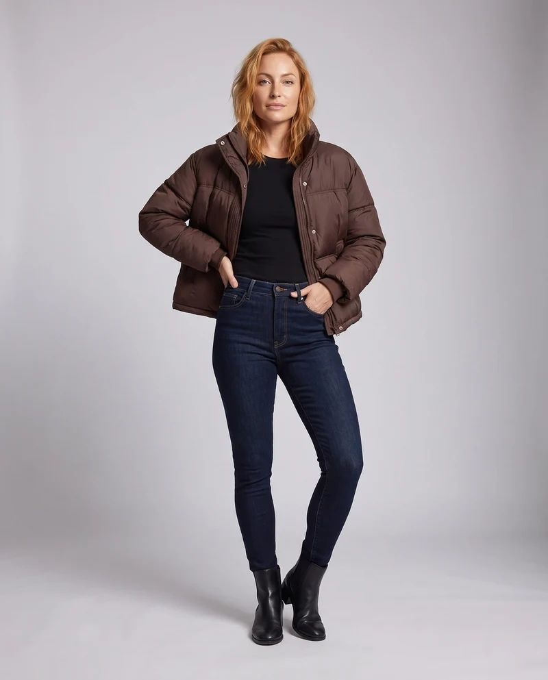 Damen kurze boxy Steppjacke mit ergonomischem Stehkragen und verdeckter Druckknopfblende