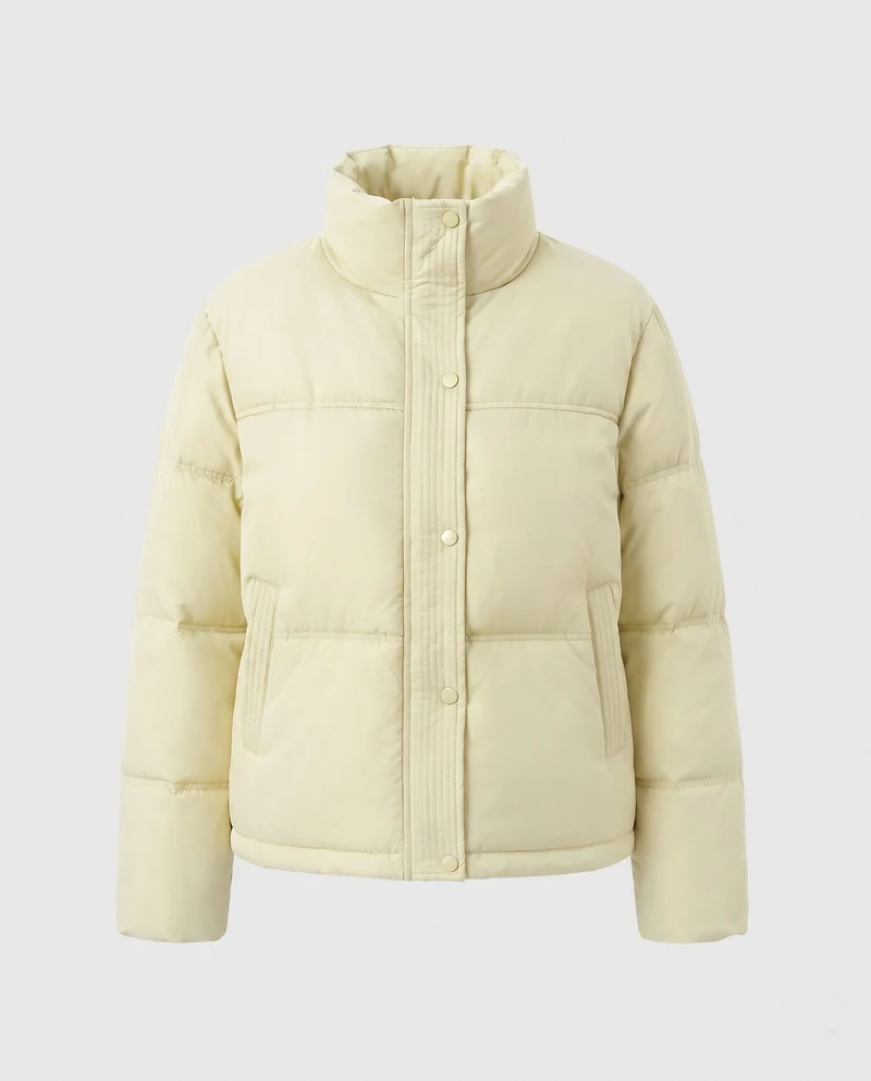Damen kurze boxy Steppjacke mit ergonomischem Stehkragen und verdeckter Druckknopfblende