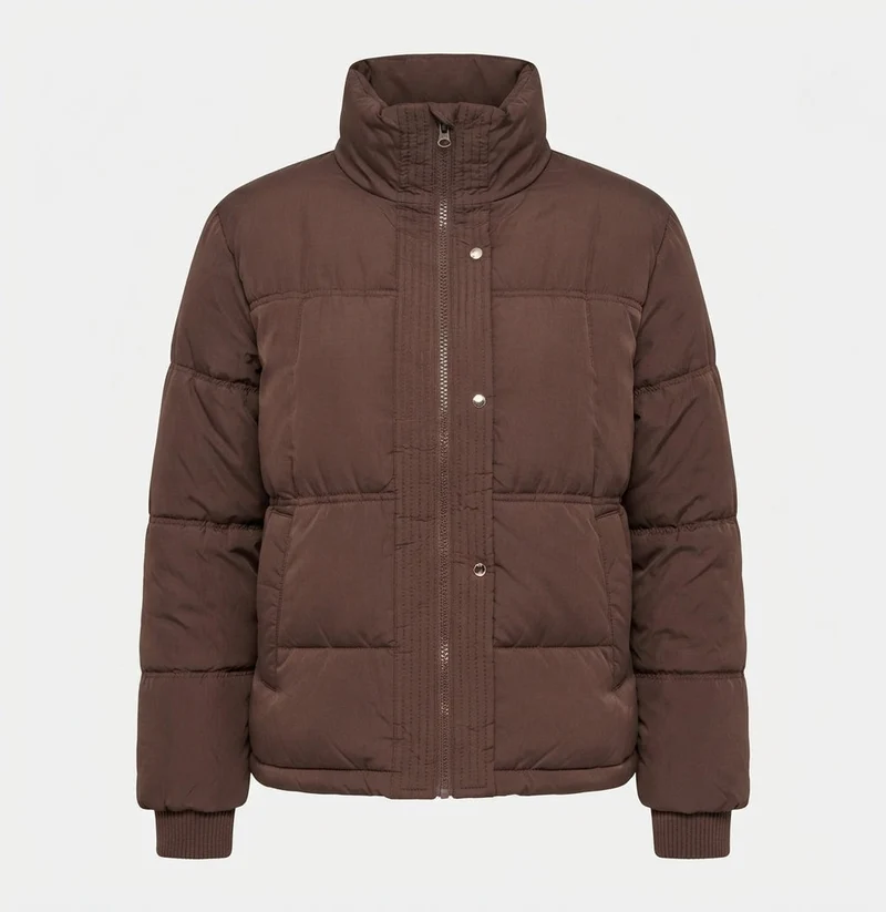 Damen kurze boxy Steppjacke mit ergonomischem Stehkragen und verdeckter Druckknopfblende