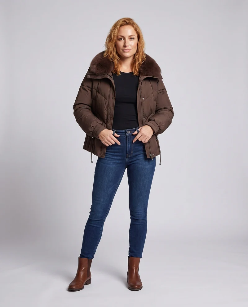 Damen kurze boxy Steppjacke mit extra-weichem Schalkragen im Kunstfaser-Look und verstellbarem Saum