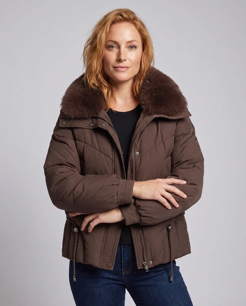 Damen kurze boxy Steppjacke mit extra-weichem Schalkragen im Kunstfaser-Look und verstellbarem Saum