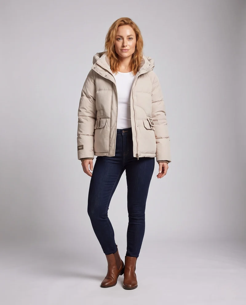 Damen kurze boxy Pufferjacke mit Kontrastfutter und aufgesetzten Klappentaschen