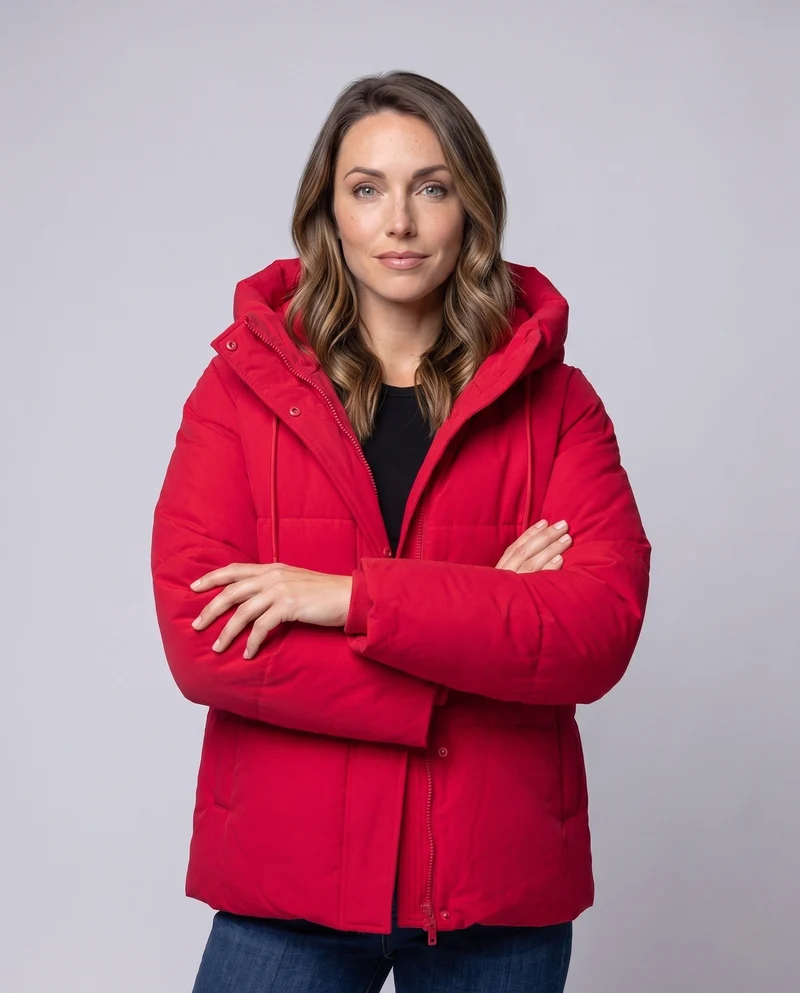 Damen kurze boxy gesteppte Parka mit hohem Kragenbesatz, Kapuze und weichem Mikrofleece-Futter