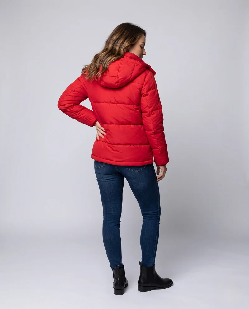 Damen kurze boxy gesteppte Parka mit hohem Kragenbesatz, Kapuze und weichem Mikrofleece-Futter
