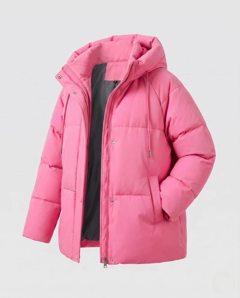 Damen kurze boxy gesteppte Parka mit hohem Kragenbesatz, Kapuze und weichem Mikrofleece-Futter