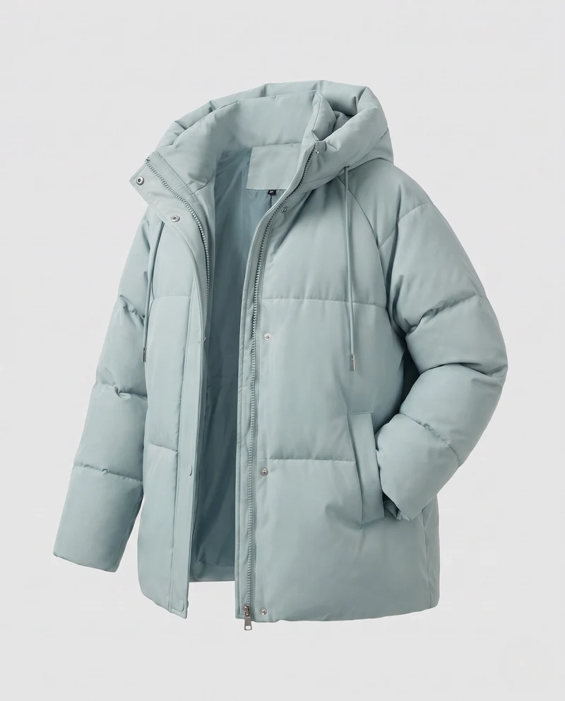 Damen kurze boxy gesteppte Parka mit hohem Kragenbesatz, Kapuze und weichem Mikrofleece-Futter