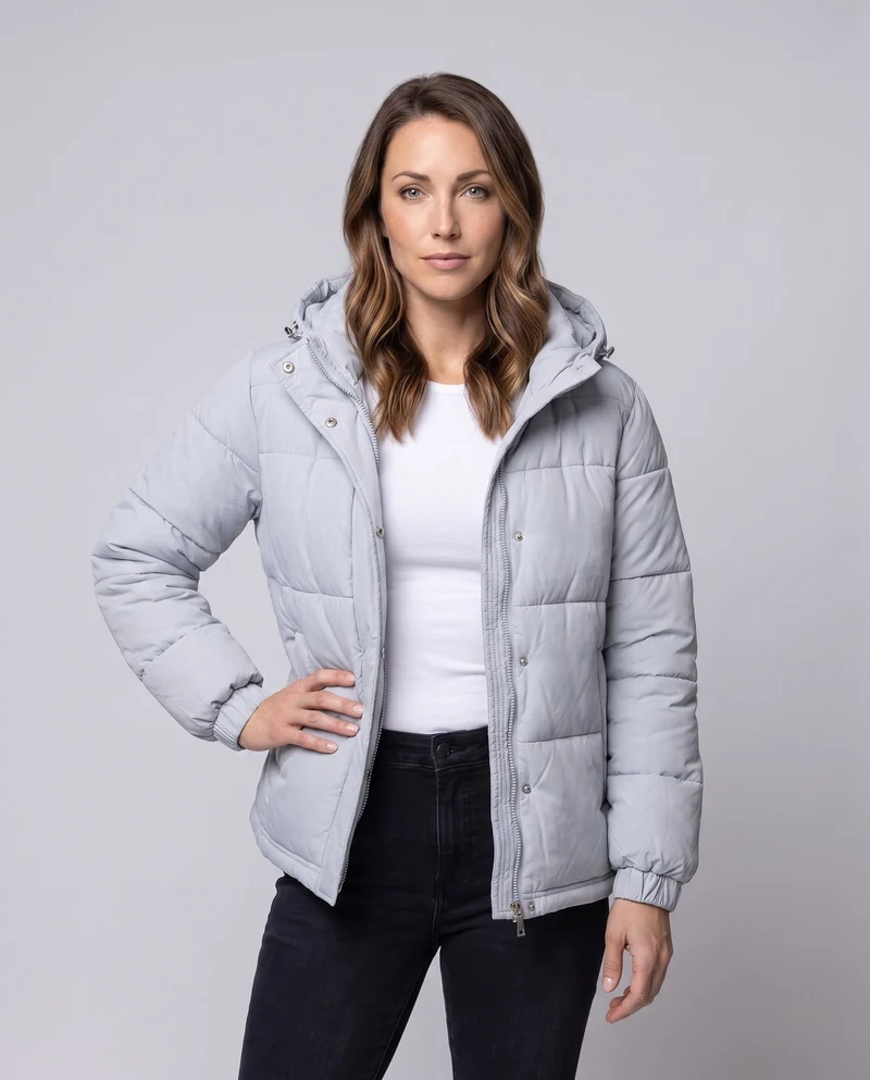 Damen Nano Short Boxy gepolsterte Jacke mit hohem Kragen, verdecktem Zwei-Wege-Reißverschluss und elastischen Bündchen
