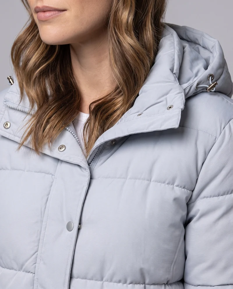 Damen Nano Short Boxy gepolsterte Jacke mit hohem Kragen, verdecktem Zwei-Wege-Reißverschluss und elastischen Bündchen