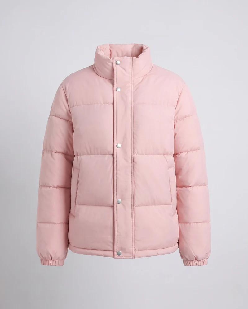 Damen Nano Short Boxy gepolsterte Jacke mit hohem Kragen, verdecktem Zwei-Wege-Reißverschluss und elastischen Bündchen