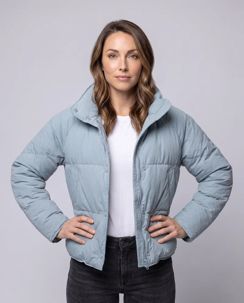 Damen kurze Cloud Pufferjacke im kastigen Schnitt mit quadratischer Steppung, hohem Stehkragen und verdeckter Druckknopfleiste