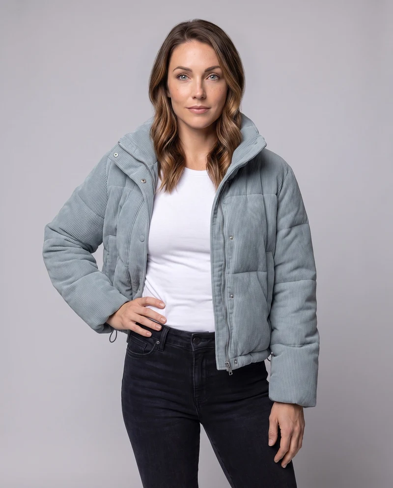 Damen kurze Cord-Puffermantel mit voluminösem Schalkragen, verdeckter Druckknopfleiste und wärmendem thermischem Futter