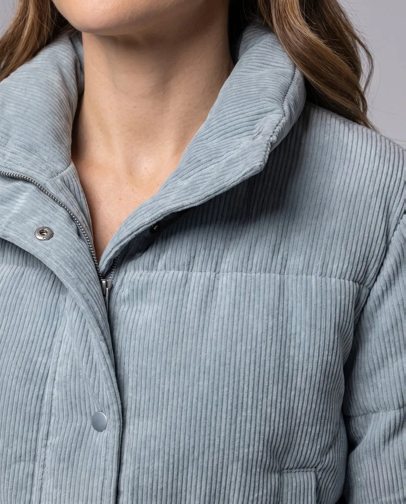 Damen kurze Cord-Puffermantel mit voluminösem Schalkragen, verdeckter Druckknopfleiste und wärmendem thermischem Futter