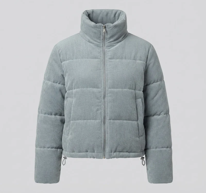 Damen kurze Cord-Puffermantel mit voluminösem Schalkragen, verdeckter Druckknopfleiste und wärmendem thermischem Futter