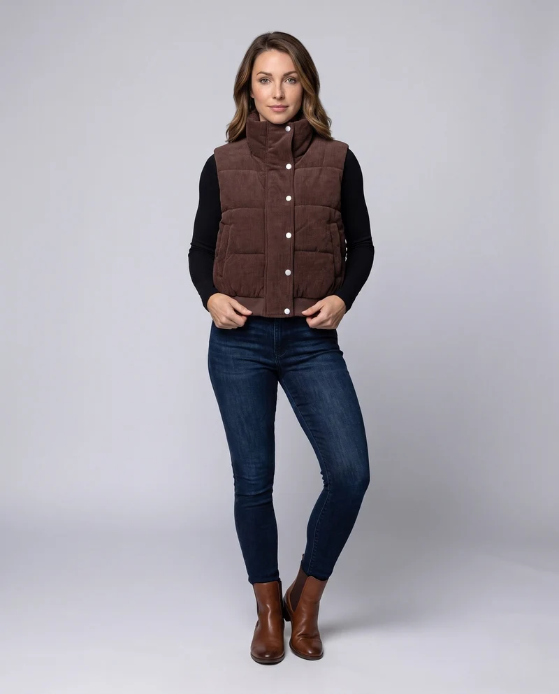 Damen kurze Cord-Velours gesteppte Weste mit hohem Schalkragen und Druckknopfblende