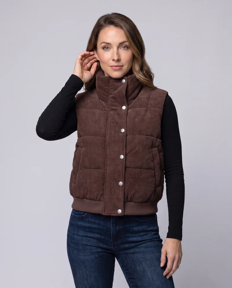 Damen kurze Cord-Velours gesteppte Weste mit hohem Schalkragen und Druckknopfblende